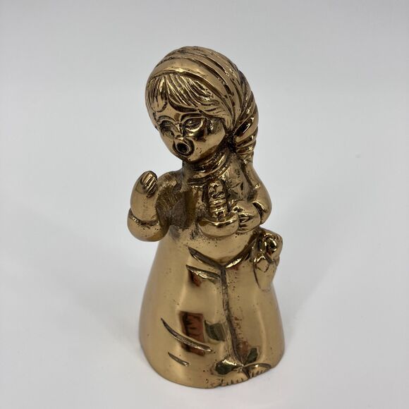 Vintage Gold Brass Bell Sleepy Girl Holding Candle, Made in India - Picture 2 of 10